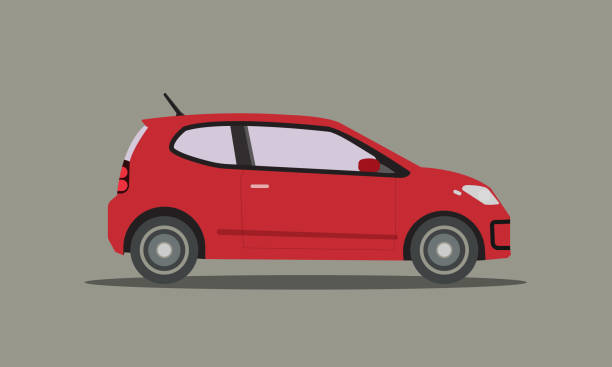 扁平的紅色汽車向量。具有孤立背景的汽車。迷你車設計的側面 - car 幅插畫檔、美工圖案、卡通及圖標