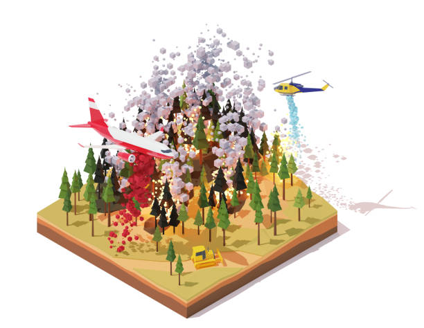 Vector isometric firefighting airplane and helicopter fighting wildfires Vector isometric firefighting airplane and helicopter fighting wildfires. Wildfire or bushfire infographic. Airplane dropping fire retardant on trees, water bomber helicopter over burning forest wildfire smoke stock illustrations