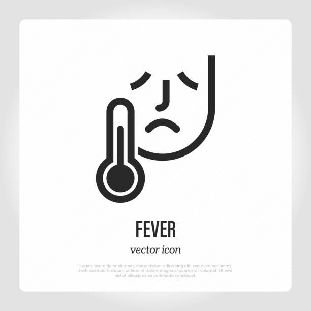 Fever: thermometer with high temperature near sad face. Thin line icon. Healthcare and medical vector illustration. vector art illustration