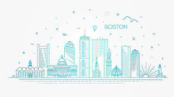 波士頓建築線天際線插  圖。具有著名地標的線性向量城市景觀 - boston 幅插畫檔、美工圖案、卡通及圖標