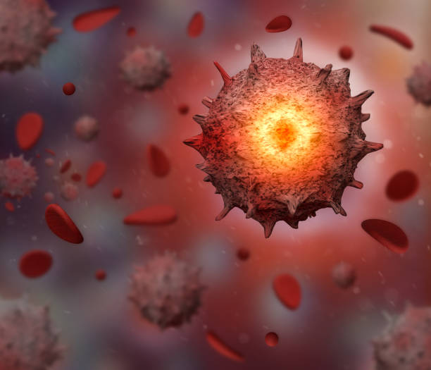 istock 3d rendered Virus in red Blood Stream cell in color background 1204239915
