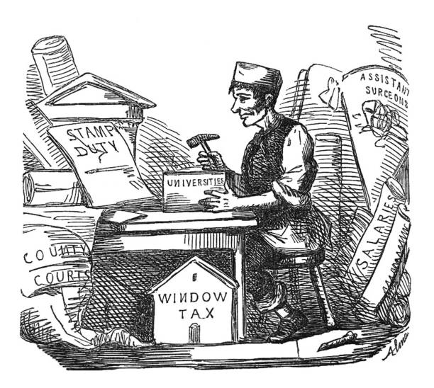 British satire comic cartoon caricatures illustrations - Man sitting a a table with a hammer surrounded by signs reading of taxes From Punch's Almanack punch puppet stock illustrations