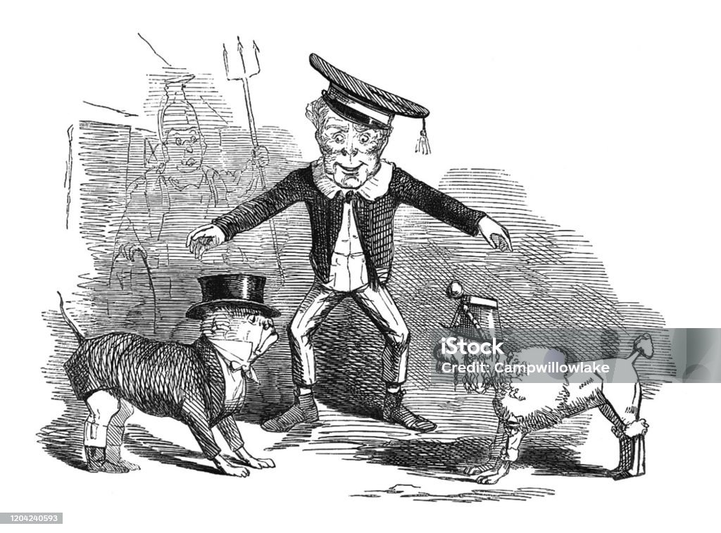 British Satire Comic Cartoon Caricatures Illustrations Man Standing With  Arms Out In Between Humanized Dogs Palmerston Stock Illustration - Download  Image Now - iStock