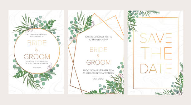 ilustraciones, imágenes clip art, dibujos animados e iconos de stock de invitación floral de boda, tarjeta de agradecimiento tarjeta moderna: romero, ramas de eucalipto corona en textura de mármol blanco con un patrón geométrico dorado. elegante plantilla rústica. todos los elementos están aislados y editables - invitación de boda