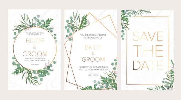 свадебное цветочное приглашение, спасибо современной открытке: розмарин, эвкалиптовые ветви венок на белой мраморной текстуре с золотым г� - honeymoon stock illustrations