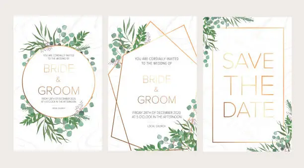 Vector illustration of Wedding floral invitation, thank you modern card: rosemary, eucalyptus branches wreath on white marble texture with a golden geometric pattern. Elegant rustic template. All elements are isolated and editable