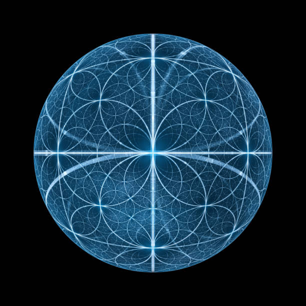 blau glühende fibonacci kreise ball isoliert auf schwarz - fractal nature black abstract stock-fotos und bilder