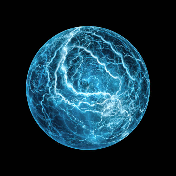 검은 색에 고립 된 파란색 빛나는 공 번개 - nuclear energy flash 뉴스 사진 이미지