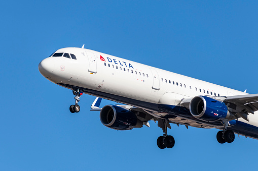 Las Vegas, Nevada - January 30, 2020: Delta Airlines prepares to land at McCarran International airport.