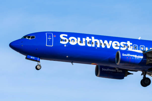 Southwest Airlines prepares to land in Las Vegas, Nevada. stock photo