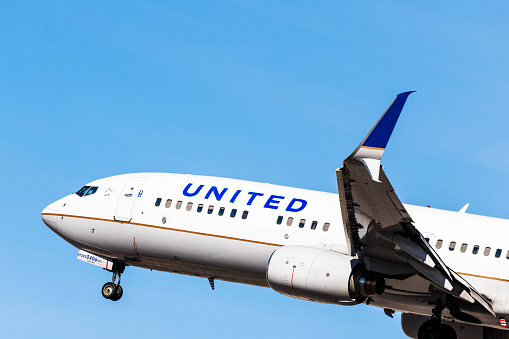 Las Vegas, Nevada - January 30, 2020: United Airlines prepares to land at McCarran International airport.