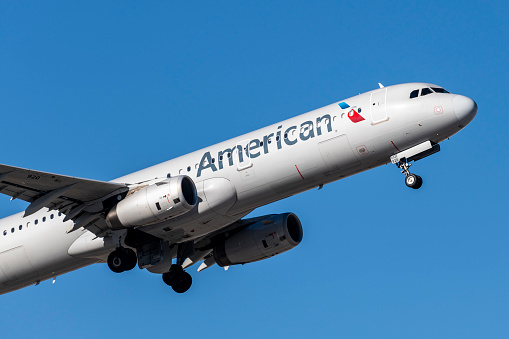 Las Vegas, Nevada - February 01, 2020: American Airlines prepares to land at McCarran International airport.