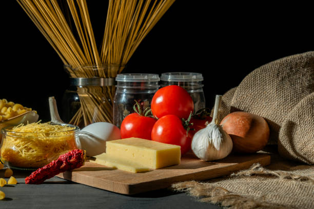 istock Still life with pasta and vegetables.Healthy eating. Background with copy space. 1204249203