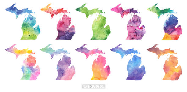 Michigan Watercolor Vector Map Illustration Set vector art illustration