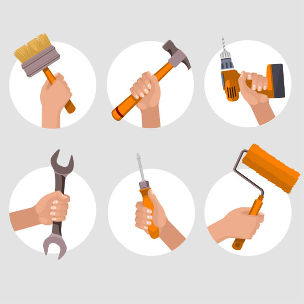 illustrazioni stock, clip art, cartoni animati e icone di tendenza di cartoon color different hands holding construction tools set. vettore - holding screwdriver immagine