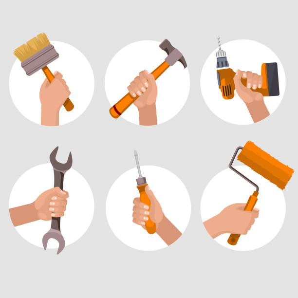 мультфильм цвет различные руки холдинг строительные инструменты набор. вектор - hand drill hand tool screwdriver drill stock illustrations