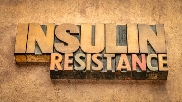 insulin resistance word abstract in vintage letterpress wood type against handmade bark paper