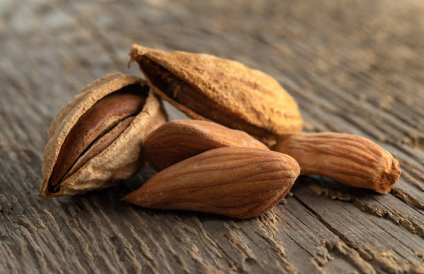 istock Almond kernels and shell almonds on a background of rough wood texture. 1204256861