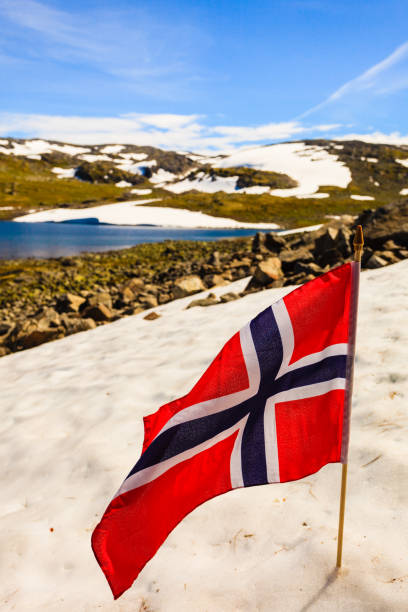 istock Norwegian flag and mountains snowy landscape 1204256866