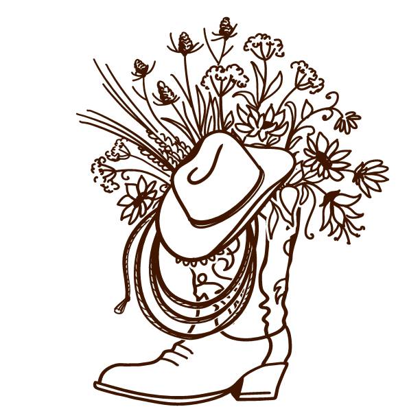 Cowboy boot with Flowers isolated on a white background. Sketch hand drawn vector close-up illustration with cowboy hat and lasso decoration Cowboy boot with Flowers isolated on a white background. Sketch hand drawn vector close-up illustration for design. Cowboy hat and lasso decoration cowgirl stock illustrations