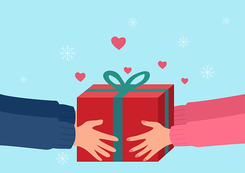 Simple flat vector illustration of human hands giving present, for Christmas, valentine, anniversary theme and background