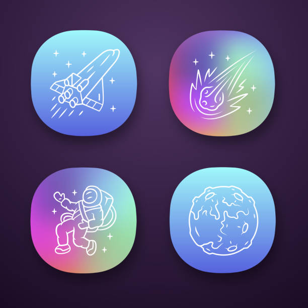 ilustrações de stock, clip art, desenhos animados e ícones de astronomy app icons set. space exploration. moon, spaceship, comet, astronaut. astrophysics. galaxy research. ui/ux user interface. web or mobile applications. vector isolated illustrations - astrophysic