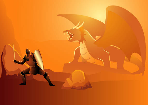 ilustrações, clipart, desenhos animados e ícones de cavaleiro lutando contra um dragão - fighting sword knight suit of armor