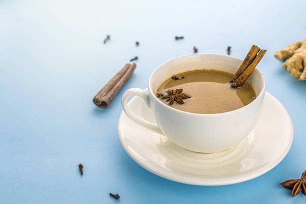 istock Traditional indian masala chai tea in white cup with spiced. With copy space. 1204263095