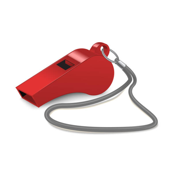 Realistic 3d Detailed Shiny Metallic Red Whistle. Vector Realistic 3d Detailed Shiny Metallic Red Whistle Element Referee or Trainer. Vector illustration of Football Soccer Sport Equipment loud whistle sound stock illustrations