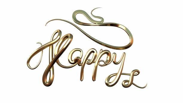 Word HAPPY made by Handmade and Vintage golden cast letters. Isolate on white background. 3d illustration.
