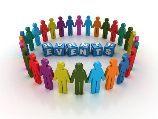 istock Pictogram Teamwork People with EVENTS Buzzword Cubes - 3D Rendering 1204265820