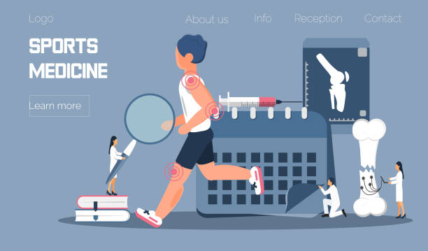 Athlete runs or jogs and tiny physicians treat and research injuries. Sports medicine vector concept for landing page. Sports medical services, doping control Athlete runs or jogs and tiny physicians treat and research injuries. Sports medicine vector concept for landing page. Sports medical services, doping control, use of stimulants. sports medicine stock illustrations