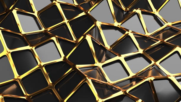 istock The golden and polygonal lowpoly grille has a black reflective surface in a minimalist design. Abstract 3d illustration background 1204267429