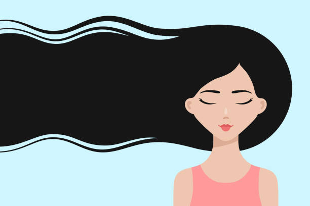 Dreamy cartoon asian girl with long flowing hair Cartoon asian girl with long hair, dreaming with eyes closed about hair care or trendy hairstyle. Healthy hair concept. Design for beauty or hairdressing salons and fashion industry, copy space black hair illustrations stock illustrations