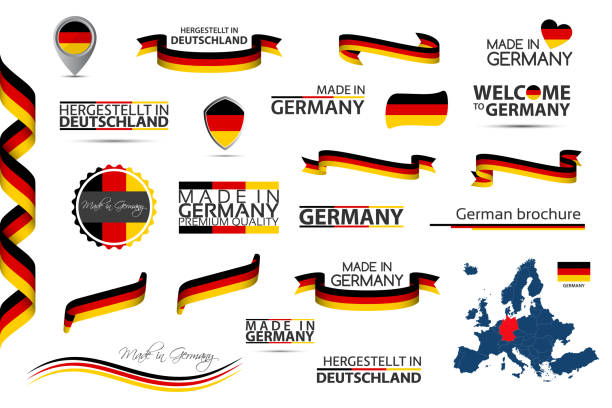 ilustrações de stock, clip art, desenhos animados e ícones de big vector set of german ribbons, symbols, icons and flags isolated on a white background, made in germany, welcome to germany, premium quality, german tricolor, set for your infographics and templates - german flag