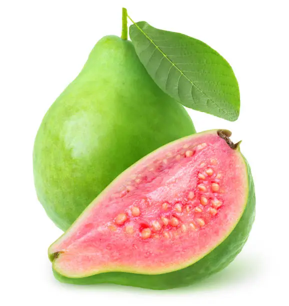 Isolated cut guava fruits. Green pink fleshed guava isolated on white background with clipping path