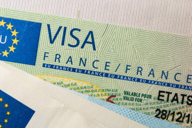 visado schengen en el pasaporte. emitido por la embajada de francia. - passport stamp customs document emigration and immigration fotografías e imágenes de stock