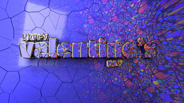 Happy Valentine's Day message written by hitech abstract future lettering made by gold and plastic in popular Phantom Blue color with cracked wall behind. architectural concept 3d illustration.