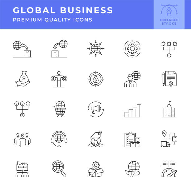 illustrazioni stock, clip art, cartoni animati e icone di tendenza di serie di icone global business line - businessman fondo monocromatico
