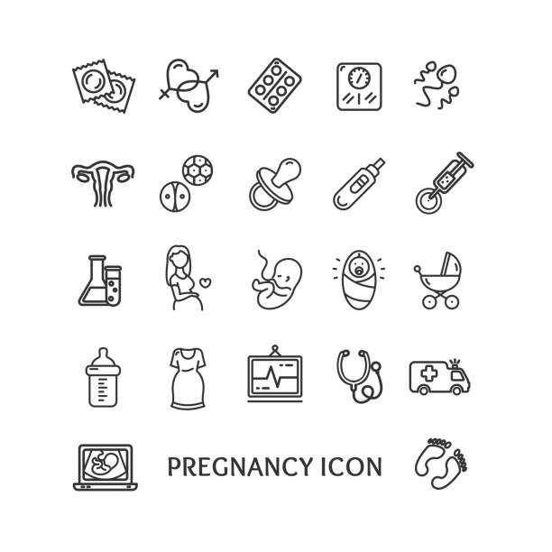stockillustraties, clipart, cartoons en iconen met zwangerschappen teken zwarte dunne lijn icon set. vector - condoom