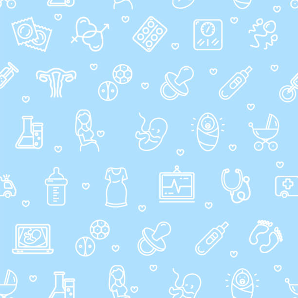 Pregnance Signs Seamless Pattern Background on a Blue. Vector Pregnance Signs Seamless Pattern Background on a Blue Woman Gynecology Concept Include of Newborn. Vector illustration baby heart rate stock illustrations