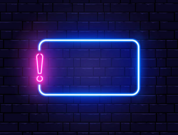 ilustrações de stock, clip art, desenhos animados e ícones de neon quiz banner. glowing exclamation mark. color neon banner on brick wall. realistic bright night signboard. shining neon effect. exclamation mark frame logo. vector illustration - sinal de neon