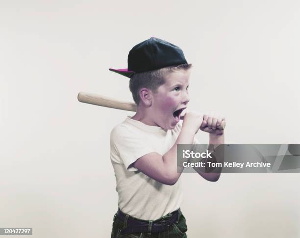 Boy Shouting And Holding Baseball Bat Stock Photo - Download Image Now - Archival, Shouting, 1957