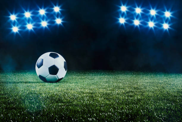 istock Soccer ball on a grass field backlit by spots 1204273248