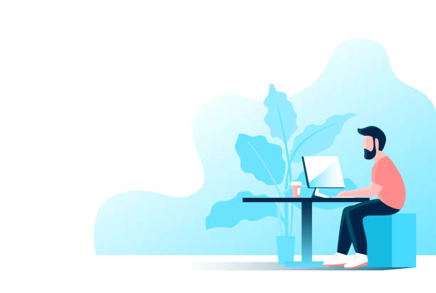 A young man works at a computer in the office. Young modern man with a beard works at the computer in the office. Sits by the table. Vector illustration. young graphic designer stock illustrations