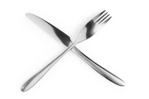 Shiny cutlery fork and knife. Isolated white background. Concept design. Copy space