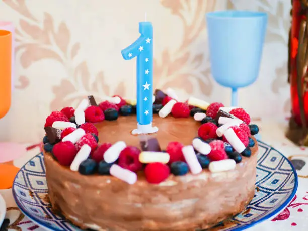 Happy Birthday.Holiday cake with candles.Birthday greetings.Greeting card.celebrate birthday party with gorgeous candy bar. first birthday cake with number 1 ,one on top. first year concept
