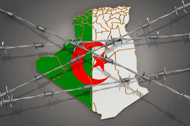 Oil barrels textured with Algerian flag on white background. Horizontal composition. Clipping path is included.