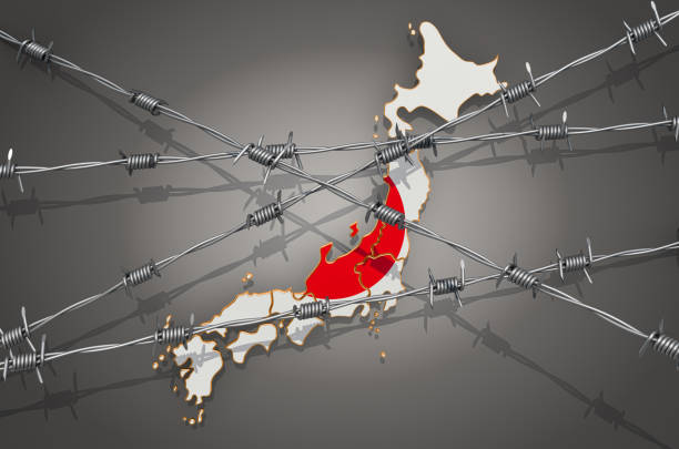 Map of Japan with barbed wire, 3D rendering on grey background