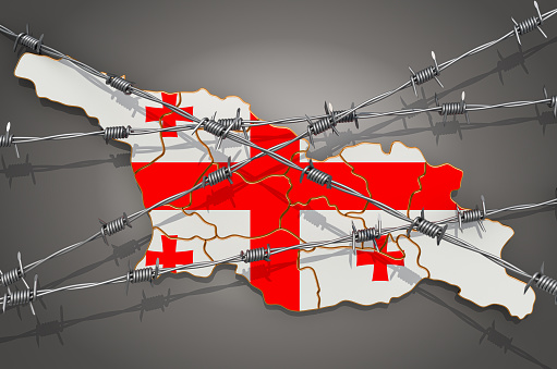 Map of Georgia with barbed wire, 3D rendering on grey background
